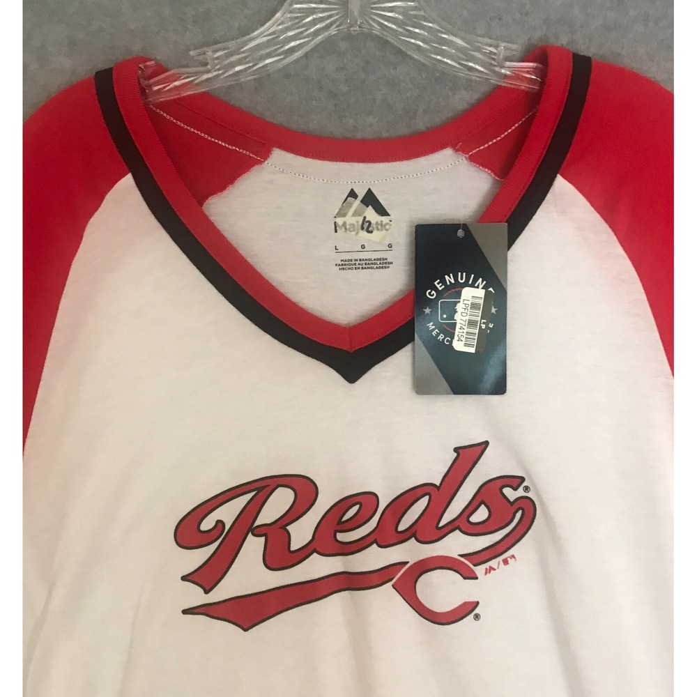 NEW! Cincinnati Reds Jersey Style T Shirt Womens Large Short Sleeve White Red
